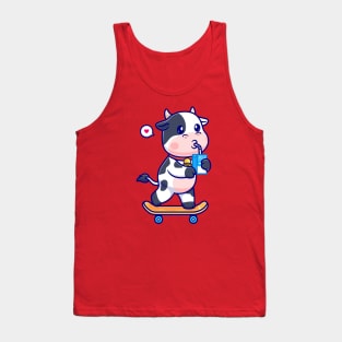 Cute Cow Drinking Milk On Skateboard Cartoon Tank Top